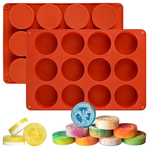 Sakolla 2 Pack Round Silicone Soap Molds, 12 Cavity 2.1" Cylinder Silicone Molds for Soap Making, DIY Bath Bombs, Shower Steamer, Lotion Bars, Loofah Soap (Brick-Red) - color: Round/Brick-Red