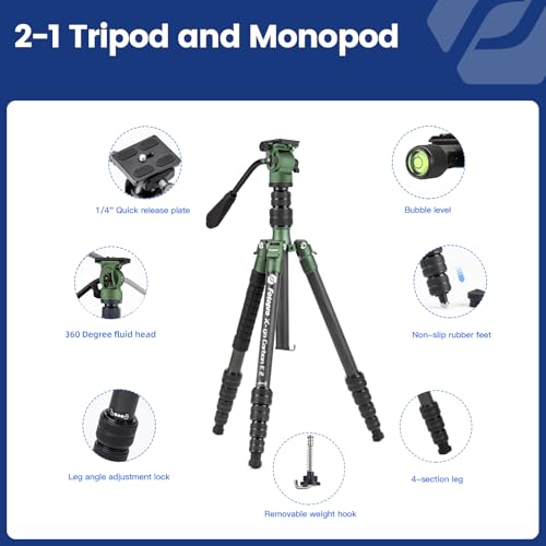 Fotopro 62" Carbon Fiber Travel Tripod, Lightweight Compact Video Tripods with Fluid Head, Detachable Monopod with Arca-Swiss Quick Release Plate and Bag, Camera Tripod Load up to 8KG/17.63lbs, Green - color: Green, size: 62" Video (Carbon Fiber)