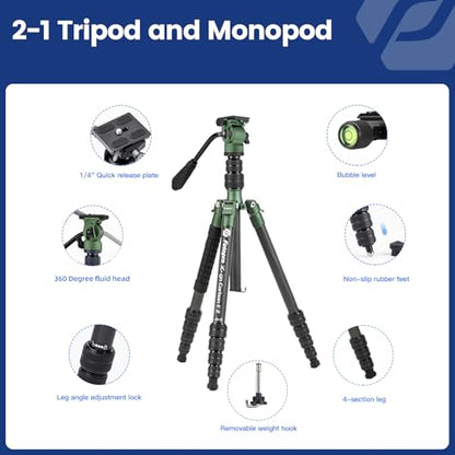 Fotopro 62" Carbon Fiber Travel Tripod, Lightweight Compact Video Tripods with Fluid Head, Detachable Monopod with Arca-Swiss Quick Release Plate and Bag, Camera Tripod Load up to 8KG/17.63lbs, Green - color: Green, size: 62" Video (Carbon Fiber)
