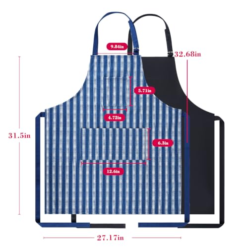 2 Pack Bid Aprons, Adjustable Kitchen Apron with 3 Pockets, Chef Works Apron. - color: Navy Stripe
