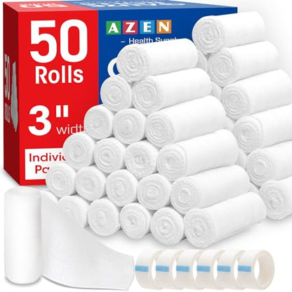 AZEN 50 Pack Gauze Rolls Bandages, 3 in x 4.1 Yards, Premium Medical Supplies & First Aid Supplies, Bandage Wrap Vet Wrap - color: 50p, size: 3IN
