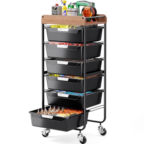 SYKIARIOL Utility Cart with 6 Labeling Drawers and Wooden Tabletop | Rolling Storage Cart for Crafters, Artists, Kids, Teachers, and Students – Organize Arts, Crafts, Sewing & Study Supplies - color: Classic Black, size: 6-Drawer