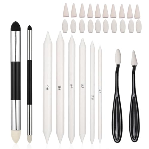 30 Pcs Oil Pastel Blending Tools, Blending Stumps and Tortillons Set for Rub and Buff with Sponge Replacement Heads Artists Students Sketching Drawing