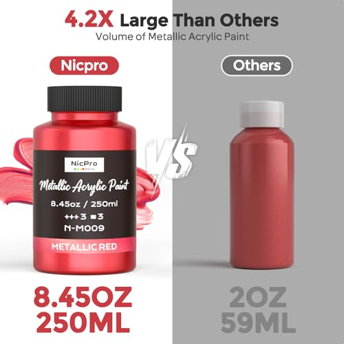 Nicpro Metallic Red Acrylic Paint, 8.45oz/250ml Large Metallic Paint | Non Toxic, Non Fading Craft Paints for Metal, Wood, Clay, Fabric, Canvas, Furniture, Handcrafts, Art Supplies - color: Metallic Red, size: 8.45 Fl Oz (Pack of 1)