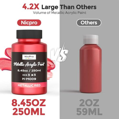 Nicpro Metallic Red Acrylic Paint, 8.45oz/250ml Large Metallic Paint | Non Toxic, Non Fading Craft Paints for Metal, Wood, Clay, Fabric, Canvas, Furniture, Handcrafts, Art Supplies - color: Metallic Red, size: 8.45 Fl Oz (Pack of 1)