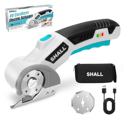 SHALL 4V Cordless Electric Scissors, Rechargeable Cardboard Cutter Rotary Electric Box Cutter w/Safety Lock, LED Light & Replacement Blade for Fabric, Leather, Carpet, Cardboard & Plastic, White/Blue - color: White