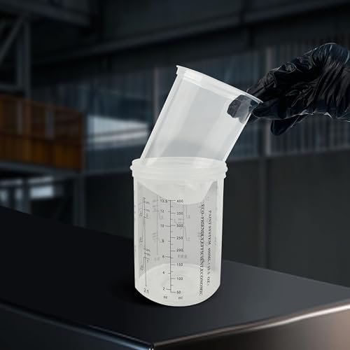 ENDOZER Disposable Paint Cup 50 Pack 13.5 Ounce(400ML) Mixing Cups for Automotive Spray Gun with 50 Liners and Lids System, 1 Hard Cup with Retainer Ring, 20 Plugs, 2 Adapters for Paint Gun - color: Dis-400ml-50pcs