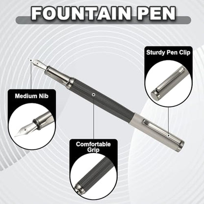 PATIKIL Fountain Pen Medium Nib, Metal Fountain Pen Barrel Handcrafted Pen for Professional Office Journaling Gifts, Gray - color: Gray