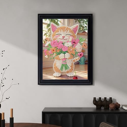 Stalente Pearl Diamond Painting Kits for Adults Cat and Flower, 5D Special Shape Diamond Art Kits for Beginners, Crystal Rhinestones Diamond Painting for Home Wall Decoration Gift 12×16inch, Animal