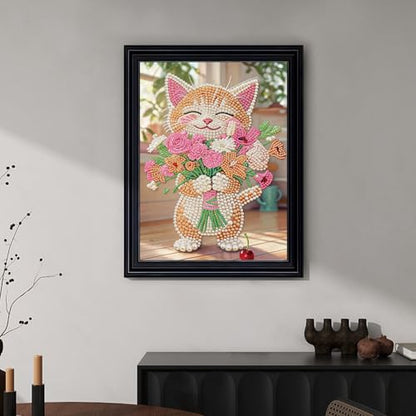 Stalente Pearl Diamond Painting Kits for Adults Cat and Flower, 5D Special Shape Diamond Art Kits for Beginners, Crystal Rhinestones Diamond Painting for Home Wall Decoration Gift 12×16inch, Animal
