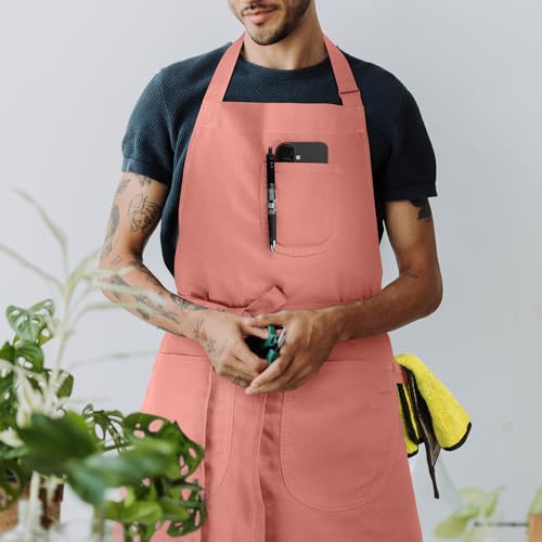 Unisex Apron with Pockets for Cooking, Salon & Art - 100% Cotton Adult Kitchen, Chef, Stylist Apron (Pink) - color: Pink