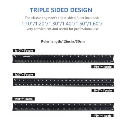 Engineer Scale Ruler, Imperial Measurements 12'', Laser-Etched Aluminum Architect Triangular Ruler Black for Architects, Students, Draftsman, and Engineers | Black, Laser-Etched Aluminum Architect Triangular Ruler for Architects, Students, Draftsman, and