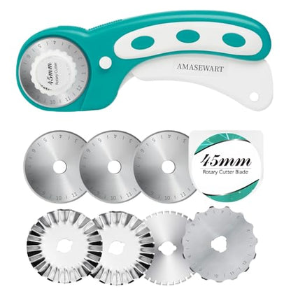 45mm Rotary Cutter for Fabric with 8pcs Rotary Blades, Rolling Fabric Cutter Crochet Edge Skip Stitch Blade Perforating Rotary Blade, Pinking Rotary Cutter for Quilting Crafts Sewing - color: Turquoise