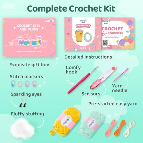 Mewaii Summer Duck Crochet Kit for Beginners, 40% Extra Yarn - color: Blue and Yellow