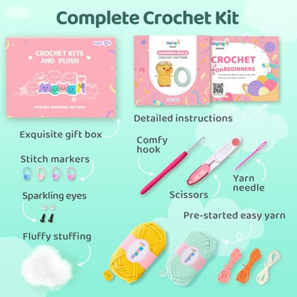 Mewaii Summer Duck Crochet Kit for Beginners, 40% Extra Yarn - color: Blue and Yellow