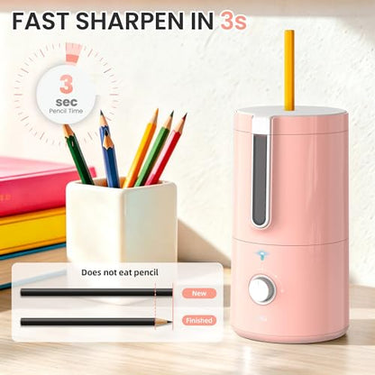 deli Electric Pencil Sharpener, Fully Automatic Pencil Sharpener, Pink | for 6.9-8mm Pencils, 5 Sharpness Modes, Rechargeable Hands-Free Sharpener for Classroom Home Office - color: Pink