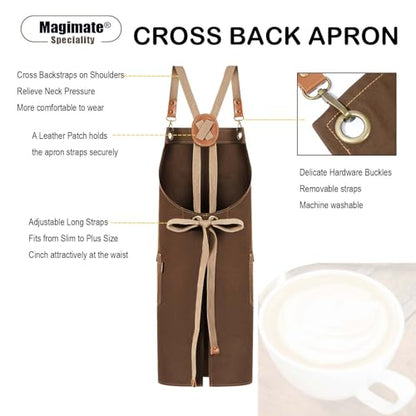 Chef Apron with Cross Back Straps for Men Women, Cotton Canvas Apron for Artists Painting, Kitchen Cooking - color: Brown, 6pack
