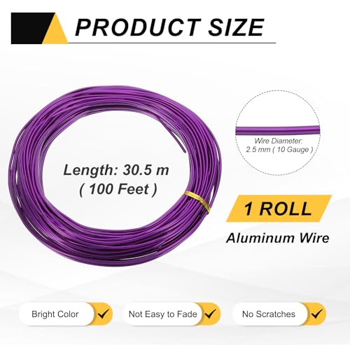 MECCANIXITY 10 Gauge 2.5mm Aluminum Wire, 100 Feet Bendable Metal Craft Armature Wire for Jewelry Making DIY Beading Floral Wreath Wrapping Sculpting, Purple - color: Purple, size: 10 Gauge x 100Ft