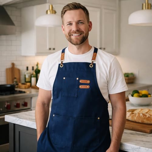 Chef Aprons for Men Canvas Apron with Large Pockets and Adjustable Neck Strap for Cooking,BBQ, Gardening - color: Blue