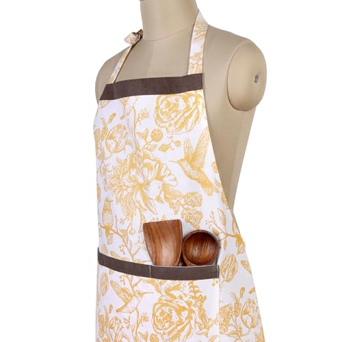 FINGERCRAFT Apron, Dual Pocket, Adjustable Tie, Multipurpose Washable Bib Apron for Home, Kitchen, Chef and Professionals - color: Bloom Gold Ochre