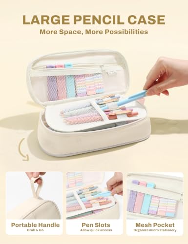 SUNEE Pencil Case with Supplies, 35PCS Aesthetic Stationery Set with Pastel Highlighters, Black Gel Pens, Mechanical Pencils & Refills, College School Supplies for Students Girls Beige - color: Beige, style: 35 Pack