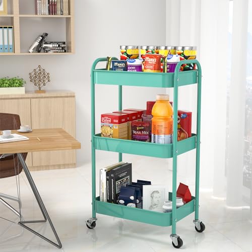 3-Tier Rolling Cart, Metal Utility Storage Carts with Wheels,Blue | Multi-Functional Organizer Easy Assembly Snack Cart - color: Blue