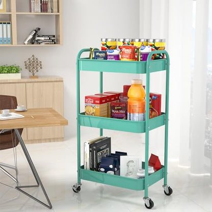 3-Tier Rolling Cart, Metal Utility Storage Carts with Wheels,Blue | Multi-Functional Organizer Easy Assembly Snack Cart - color: Blue