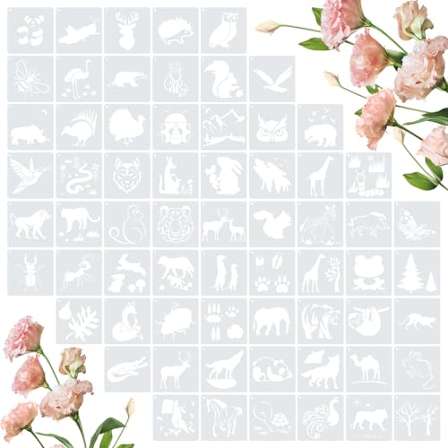 Amrules 65 Pcs Painting Stencils, Animals Theme, 4 x 4 Inch | Plastic, Drawing Templates Set for Crafts, Reusable DIY Art Stencil, For Wood, Walls, Cards, Fabrics, Rocks, Home Decoration - style: Animals