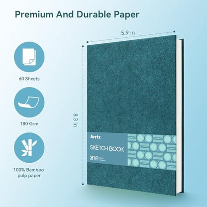 Arrtx Sketchbook, A5 (5.8 x 8.3 Inch) 100% Bamboo Drawing Paper, 180gsm, 60 Sheets, Hard Cover, Lay-Flat Binding,Acid-Free, for Pencil, Pen, Charcoal & Dry Media