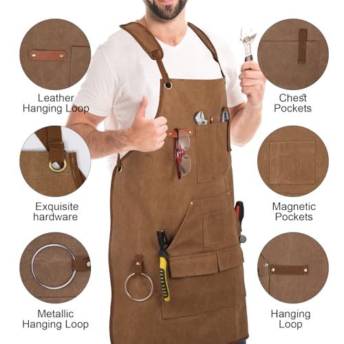 Men's Canvas Tool Apron, Heavy Duty Multi-Pocket Work Apron for Woodworking Gardening Bartender Adjustable Straps - color: Khaki