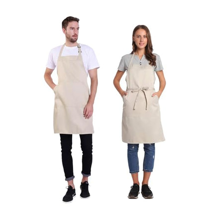 BIGHAS Adjustable Bib Apron with Long Ties for Women Men 18 Colors Chef Kitchen Cooking - color: Beige