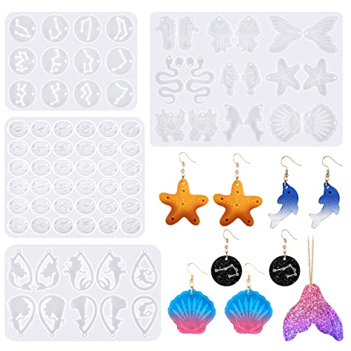 Patelai 4 Pcs Resin Earring Molds Irregular Shaped Earrings Silicone Mold for Epoxy Resin Dangle Drop Jewelry Making Kit for Women DIY Crafts Necklace Pendants Keychain(Mermaid Ocean) - style: Mermaid Ocean