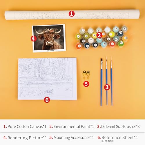 TUMOVO Highland Cow Paint by Numbers for Adults Beginner | Unframed easy to follow farm animal DIY arts craft 16"x20" highland cattle with the flower oil painting kits on canvas