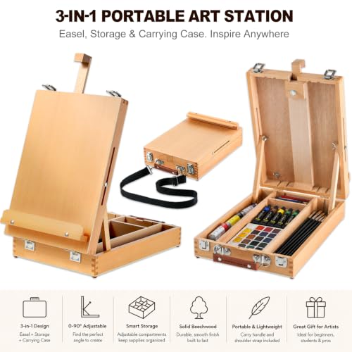 60 Pieces Beechwood Tabletop Easel Set for Painting with Shoulder Strap