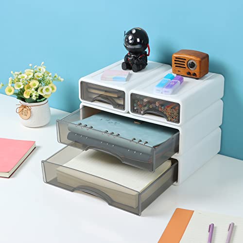 White Desktop Drawer Organizer Unit for Office Paper and Supplies | White, 2 Large & 2 Small Drawers, Plastic Desk Organizer with Mini Drawers, Makeup Organizer, Kitchen Countertop Organizer - color: 4 Mixed Drawers, White