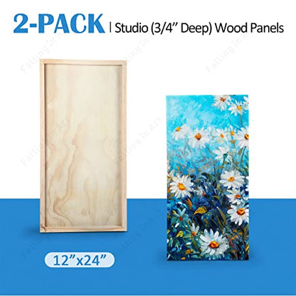 Falling in Art 2 Pack 12x24’’ Unfinished Birch Wood Panels Kit for Painting | Studio 3/4’’ Deep Wood Canvas, Cradle Boards for Acrylic Pouring, Art, Crafts, Epoxy Resin, Laser Engraving Cutting - size: 12'' x 24''