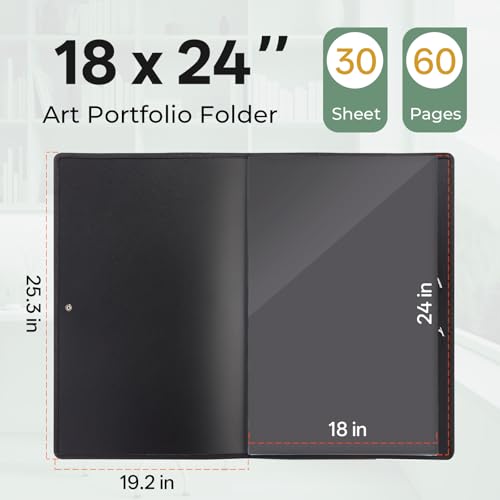 Nicpro 18"x24" Art Portfolio, 30 Pockets Display 60 Pages Art Portfolio Folder with Clear Plastic Sleeves, Artwork Storage Presentation Book for Artists, Painting Carrier Case - size: 18"x24"