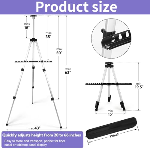 4 Pack Art Painting Artist Easel Stand Adjustable Portable Aluminum Metal Tripod Display Easel with 4 Bag Height from 20-66 Inches Tabletop Art Easel for Table-Top/Floor Drawing and Displaying,Silver