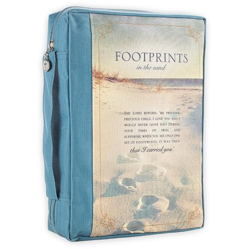 Christian Art Gifts Men/Women's Bible Cover Footprints, Blue Poly Canvas, Large - color: Blue/Footprints, size: Large