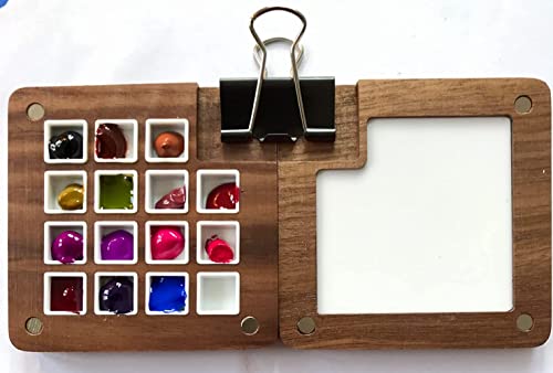 Portable Sketchbook Palette 15 Grids Wooden Mini Travel Paint Palette Magnetic Palette Box for Watercolor Painting, Acrylic Painting Paint Saver with Lid and Mixing Tray