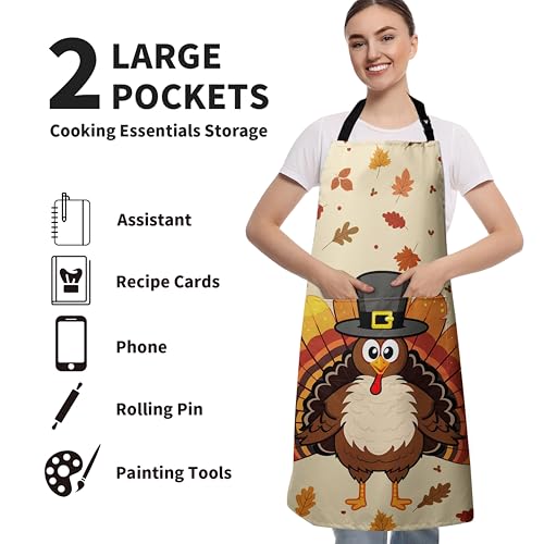 Thanksgiving Aprons for Women Men Turkey Apron with Adjustable Neck Strap Kitchen Chef Grilling Unisex Apron with Pockets for Cooking, Barbecue, Crafting, Sewing - color: Turkey-beige