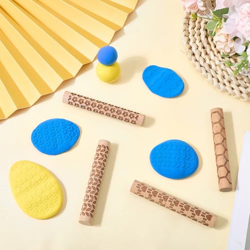 CREATCABIN 4 Pcs Wooden Clay Texture Rollers Clay Modeling Pattern Rollers Kit Pottery Stamp Roller Tools Paw Hexagon Leave Flower Rolling Pin Handmade Craft Art for Ceramics Painting DIY 3.94 Inch