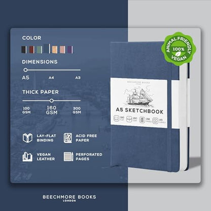 Beechmore Books A5 5.8x8.3 Mixed Media Sketchbook 160 GSM/98LB, Gift Box - color: Symphony Blue, size: A5 - 5.8" x 8.3" Medium