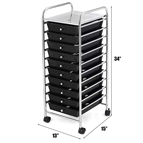 Happygrill 10-Drawer Storage Cart, Utility Cart with Removable Drawers & Metal Frame, Rolling Storage Cart with Lockable Wheels for Home, Office, Black - color: Black