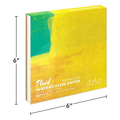 Fluid Watercolor Paper Block, 6 x 6 inches, 15 White Sheets, 140 lb (300 GSM) Hot Press Pad for Artist Painting and Wet Media - size: 6 x 6