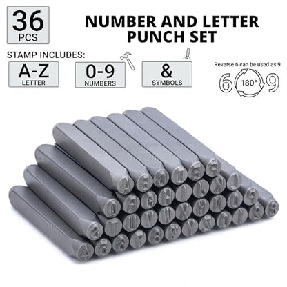 NEIKO 02633A Number and Letter Punch Set with Heat-Treated Steel Punches, Imprinting & Arts and Crafts, 3/16" (5 MM) Shaft, 36 Pc Stamp Set, Uppercase Letter & Number Punch Set (A-Z / 0-8 / "&") - size: 5mm - 3/16"