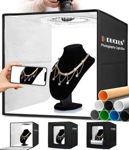 DUCLUS Light Box Photography, 16x16 Inch Photo Light Box with 160 Dimmable LED Lights (CRI 97+), 6 PVC & 2 Paper Backdrops, Portable Studio Box for Product Photography: Jewelry, Food, Shoes - size: 16*16 inch