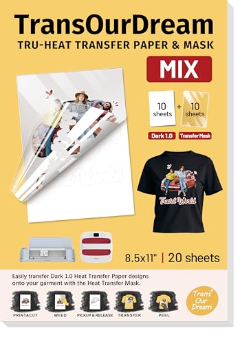 TransOurDream Heat Transfer Paper for Dark Fabric (10+10 Sheets，8.5"x11") Printable HTV Vinyl for Inkjet Printer, Iron on Transfers for Tshirts - color: Mix-D1&Mask, size: 20 Sheets