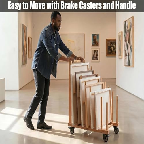 Art Storage Rack with Brake Caster Wheels,Art Drying Rack Wooden Storage Rack for Canvas Frames,Drawing Board Prints,Paper Pads,Perfect for Studios,Galleries, Museums, Art Venues (Large) - size: Large
