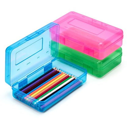 GAMENOTE Plastic Pencil Box with Personalized Sticker,Kid Hard Pencil Case with Snap-tight Lid,Small Art Craft Storage Containers,School Supplies Box for Boys,Girls ((Blue/Green/Pink) 3Pack) - color: (Blue/Green/Pink)3Pack